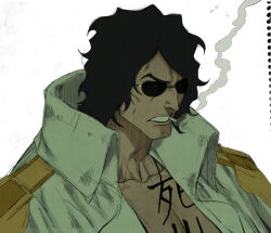 Rule 34 | 1boy, aramaki (ryokugyu), bake ryori, black hair, chest tattoo, cigarette, coat, coat on shoulders, curly hair, epaulettes, high collar, highres, muscular, muscular male, one piece, open clothes, open mouth, portrait, short hair, simple background, smoking, sunglasses, tattoo, white background