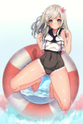 Rule 34 | 10s, 1girl, barefoot, blue eyes, blush, cloud, covered navel, crop top, flower, full body, ganida boushoku, gluteal fold, gradient background, hair flower, hair ornament, highres, innertube, jumping, kantai collection, lifebuoy, long hair, looking at viewer, ocean, one-piece swimsuit, one-piece tan, ro-500 (kancolle), school swimsuit, school uniform, serafuku, sky, sleeveless, smile, solo, swim ring, swimsuit, swimsuit under clothes, tan, tanline, white hair