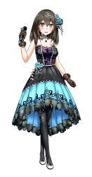 Rule 34 | 1girl, absurdres, black dress, black gloves, black legwear, blue dress, blue eyes, blue flower, blue rose, blush, breasts, brown hair, cleavage, diadem, dress, flower, full body, gloves, hair between eyes, hair flower, hair ornament, high heels, highres, holding, holding microphone, idolmaster, idolmaster cinderella girls, long hair, medium breasts, microphone, multicolored clothes, multicolored dress, pleated dress, pumps, rose, sagisawa fumika, salmon (4chan), sleeveless, sleeveless dress, solo, standing, strapless, strapless dress, transparent background, white footwear