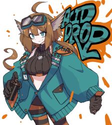 Rule 34 | 1girl, aciddrop (afternoon teatime) (arknights), aciddrop (arknights), ahoge, animal ears, arknights, bird ears, blue eyes, brown hair, character name, dr yamero, english text, goggles, goggles on head, highres, id card, jacket, long hair, official alternate costume, pantyhose, spray paint, striped clothes, striped pantyhose