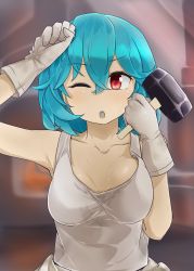 Rule 34 | blacksmith, blue hair, breasts, cleavage, commentary request, gloves, hammer, highres, one eye closed, red eyes, short hair, solo, sweat, tank top, tatara kogasa, touhou, tyouseki