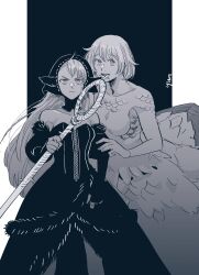 Rule 34 | 2girls, black background, black dress, closed mouth, dress, dungeon meshi, elf, falin touden, falin touden (chimera), feathers, feet out of frame, greyscale, hand up, highres, holding, holding staff, juliet sleeves, long hair, long sleeves, looking at viewer, marcille donato, marcille donato (lord), monochrome, monster girl, multiple girls, nishimura, off shoulder, open mouth, pointy ears, puffy sleeves, short hair, spoilers, staff, taur, veil, very long hair