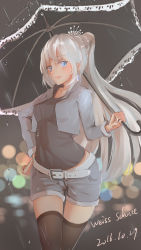 Rule 34 | 1girl, 2016, belt, belt buckle, black shirt, black thighhighs, blue eyes, blue shorts, blurry, bokeh, breasts, buckle, character name, cleavage, closed mouth, collarbone, commentary request, cowboy shot, cropped legs, dated, depth of field, earrings, grey jacket, hand on own hip, highres, holding, holding umbrella, jacket, jewelry, kanryourei, long hair, long sleeves, looking at viewer, medium breasts, ponytail, rain, rwby, scar, scar across eye, scar on face, shirt, shorts, solo, standing, thighhighs, tiara, umbrella, water drop, weiss schnee, white hair