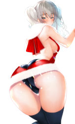 Rule 34 | 1girl, absurdres, arched back, ass, back, bent over, black panties, black thighhighs, blue eyes, blush, breasts, christmas, closed mouth, commentary, dress, fur-trimmed dress, fur scarf, fur trim, half-closed eyes, highres, kantai collection, kashima (kancolle), leaning forward, looking at viewer, looking back, medium breasts, medium hair, meme attire, microdress, panties, red dress, sanazura hiroyuki, scarf, sideboob, silver hair, simple background, smile, solo, standing, thigh gap, thighhighs, thighs, twintails, underwear, virgin killer sweater, wavy hair, white background, white scarf