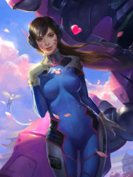 Rule 34 | 2girls, absurdres, apple xiebin, architecture, arm at side, artist name, blonde hair, blue sky, bodysuit, breasts, brown eyes, brown hair, building, cowboy shot, d.va (overwatch), day, east asian architecture, facepaint, facial mark, floating hair, flying, gloves, headgear, heart, highres, light smile, long hair, looking at viewer, machinery, mecha, mecha musume, medium breasts, mercy (overwatch), multiple girls, outdoors, overwatch, overwatch 1, pagoda, parted lips, petals, red lips, robot, signature, sky, solo focus, standing, walking, whisker markings, white gloves, wind
