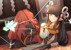 Rule 34 | 1girl, black gloves, black hair, blunt bangs, blush, breasts, bug, faicha, gloves, hair ornament, hakama, hakama skirt, japanese clothes, jewelry, kimono, large breasts, long hair, looking at viewer, minoto, monster hunter (series), monster hunter rise, necklace, pointy ears, red hakama, restrained, skirt, solo, white kimono, yellow eyes