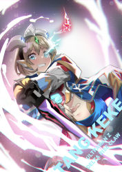 Rule 34 | 1girl, absurdres, beliarok, blue eyes, blush, character name, color timer, commentary, cosplay, crossover, energy, english text, grey hair, grin, headphones, highres, holding, holding sword, holding weapon, jacket, looking at viewer, love live!, love live! superstar!!, midriff, navel, sasanon (sasapoliton), short hair, smile, solo, sword, tang keke, ultra series, ultraman z, ultraman z (cosplay), ultraman z (series), weapon