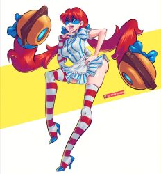 Rule 34 | 1girl, apron, arms (game), ass, breasts, cosplay, crossover, high heels, legs, mask, nintendo, striped clothes, striped sleeves, striped thighhighs, supersatanson, thighhighs, twintails, twintelle (arms) (cosplay), wendy&#039;s, wendy (wendy&#039;s)