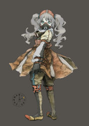 Rule 34 | 1girl, absurdres, bad id, bad pixiv id, clock, covered mouth, eyelashes, from side, full body, gas mask, grey background, grey hair, highres, layered sleeves, long sleeves, mask, niji, original, pantyhose, respirator, short over long sleeves, short sleeves, simple background, solo, standing, twintails, wide-eyed