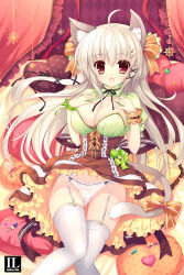 Rule 34 | 1girl, :d, ahoge, animal ears, blonde hair, bow, breasts, candy, cat ears, cat tail, cleavage, food, garter straps, hair bow, hair ribbon, large breasts, lollipop, long hair, looking at viewer, lying, mitha, nail polish, on back, open mouth, original, panties, pantyshot, pillow, red eyes, ribbon, smile, solo, tail, tail bow, tail ornament, thighhighs, underwear, white panties, wrist cuffs