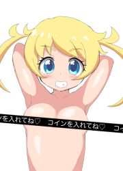 Rule 34 | 10s, 1girl, armpits, arms behind head, arms up, bagleinu, blonde hair, blue eyes, blush, breasts, grin, kiratto pri chan, long hair, looking at viewer, moegi emo, nude, parted lips, pretty series, simple background, small breasts, smile, solo, teeth, twintails, white background