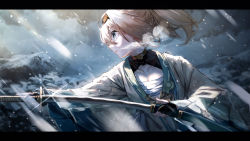 Rule 34 | 1girl, absurdres, black gloves, blonde hair, breath, chest sarashi, commentary request, fingerless gloves, gloves, haori, highres, holding, holding sheath, holding sword, holding weapon, hololive, japanese clothes, katana, kazama iroha, letterboxed, long sleeves, looking away, looking to the side, outdoors, ponytail, profile, sarashi, sheath, snowing, solo, sword, unsheathing, upper body, virtual youtuber, weapon, yu hydra