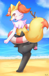 Rule 34 | 1girl, absurdres, animal ears, animal hands, artist name, beach, blue background, blush, braixen, claws, clitoris, cloud, creatures (company), fang, feet, fox ears, fox tail, from behind, furry, furry female, game freak, gen 6 pokemon, highres, innertube, looking at viewer, looking back, nintendo, ocean, open mouth, outdoors, pokemon, pokemon (creature), pokemon xy, pussy, rua (teru), sky, solo, standing, standing on one leg, stick, surprised, swim ring, tail, teeth, text focus, tongue, uncensored, water, yellow background, yellow eyes