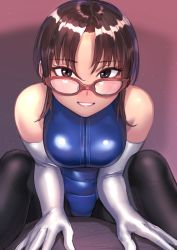 Rule 34 | 1girl, bare shoulders, blush, breasts, brown eyes, brown hair, elbow gloves, front zipper swimsuit, glasses, gloves, highres, kilye kairi, looking at viewer, medium breasts, meme attire, one-piece swimsuit, original, pantyhose, pantyhose under swimsuit, short hair, skin tight, smile, solo, swimsuit, white gloves