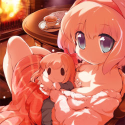 Rule 34 | 1girl, alice margatroid, alternate costume, bad id, bad pixiv id, between breasts, blonde hair, blue eyes, blush, breasts, capelet, cleavage, cup, doll, female focus, fire, fireplace, hairband, holding, looking at viewer, shanghai doll, sitting, smile, solid oval eyes, solo, spoon, table, teacup, touhou, usoneko