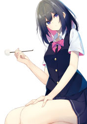 Rule 34 | 1girl, black hair, black skirt, black vest, bow, breasts, collared shirt, dress shirt, fingernails, hair between eyes, hand on own thigh, hand up, head tilt, holding, kavka, looking at viewer, mimikaki, multicolored hair, original, parted lips, pink hair, pleated skirt, purple eyes, red bow, shirt, short sleeves, simple background, skirt, small breasts, solo, two-tone hair, vest, white background, white shirt