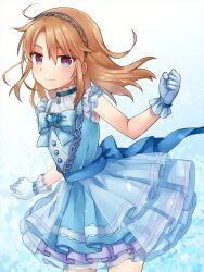Rule 34 | 1girl, bare shoulders, black choker, blue background, blue bow, blue bowtie, blue dress, blue gloves, blush, bow, bowtie, breasts, brooch, brown eyes, chihiro (chihiro3399), choker, clenched hands, closed mouth, collarbone, cowboy shot, dot nose, dress, dress bow, frilled dress, frills, gloves, gradient background, grey hairband, hair between eyes, hairband, hand up, heart, heart brooch, highres, idolmaster, idolmaster cinderella girls, idolmaster cinderella girls starlight stage, jewelry, layered dress, long hair, looking at viewer, orange hair, pendant choker, see-through, see-through dress, sleeveless, sleeveless dress, small breasts, smile, solo, standing, yuuki haru