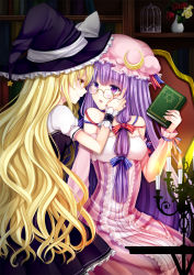 Rule 34 | 2girls, adapted costume, bespectacled, blonde hair, book, bookshelf, cage, candle, crescent, eye contact, flower, glasses, hat, highres, hoozuki shia, kirisame marisa, long hair, long sleeves, looking at another, multiple girls, patchouli knowledge, purple eyes, purple hair, revision, short sleeves, sitting, star (symbol), touhou, vase, witch hat, yuri