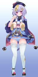 Rule 34 | 1girl, absurdres, aged up, black footwear, blue background, breasts, commentary request, full body, genshin impact, gradient background, hair ornament, hat, highres, large breasts, long sleeves, looking at viewer, ofuda, purple eyes, purple hair, purple hat, qingdai guanmao, qiqi (genshin impact), shoes, short hair, solo, standing, thighhighs, waterring, white thighhighs