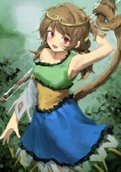 Rule 34 | 1girl, blue dress, blush, brown hair, collarbone, dress, green dress, highres, himuhino, holding, long hair, low twintails, multicolored clothes, multicolored dress, open mouth, red eyes, ruyi jingu bang, single-shoulder dress, single strap, smile, solo, son biten, test tube, touhou, twintails, unfinished dream of all living ghost, yellow dress