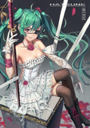 Rule 34 | 1girl, 7lark, aqua hair, asymmetrical gloves, bad id, bad pixiv id, bare shoulders, boots, breasts, brown thighhighs, character name, cleavage, cross-laced footwear, dress, eyepatch, flower, frilled dress, frills, gloves, hatsune miku, jewelry, lace-up boots, layered dress, long hair, looking at viewer, mismatched gloves, necklace, parted lips, petals, red eyes, red flower, red rose, ribbon, ribbon-trimmed clothes, ribbon trim, rose, smile, solo, strapless, strapless dress, sword, thighhighs, twintails, vocaloid, weapon, white dress, white gloves