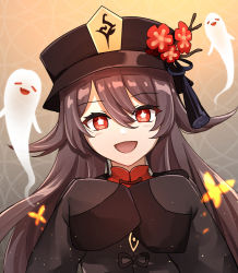 Rule 34 | 1girl, :d, brown hair, bug, butterfly, closed eyes, face, fang, flower, genshin impact, ghost, hair between eyes, hat, hu tao (genshin impact), bug, long sleeves, low twintails, open clothes, open mouth, red eyes, sleeves past wrists, smile, solo, surume112223, twintails