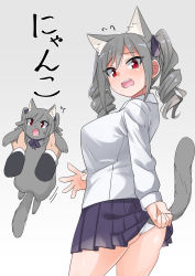 Rule 34 | 1girl, animal ears, animalization, black ribbon, blue skirt, blush, cat, cat ears, cat tail, disembodied limb, dress shirt, drill hair, flying sweatdrops, from side, frown, hair ribbon, highres, idolmaster, kanzaki ranko, kemonomimi mode, lifted by tail, long sleeves, looking at viewer, looking back, medium hair, miniskirt, motion lines, open mouth, panties, pantyshot, pleated skirt, red eyes, ribbon, school uniform, shirt, simple background, skirt, standing, sweatdrop, tail, twin drills, twintails, underwear, white panties, white shirt, yuuichi (reductionblack)