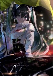 Rule 34 | 1girl, aqua eyes, aqua hair, bad id, bad pixiv id, commentary, cropped jacket, english commentary, expressionless, flag, flagpole, gloves, hatsune miku, highres, holding, holding flag, holding pole, jacket, karasuro, long hair, pole, racing miku, racing miku (2022), shiny clothes, sitting, solo, twintails, very long hair, vocaloid, white jacket
