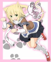 Rule 34 | 1girl, animal ears, arm warmers, blonde hair, blush, cat ears, cat girl, cat tail, detached sleeves, female focus, full body, gradient background, green eyes, kemonomimi mode, mizuhashi parsee, scarf, shirt, skirt, solo, suna (sunaipu), tail, touhou, translated, white background
