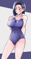 Rule 34 | 1girl, arm behind back, blue background, blue hair, blue one-piece swimsuit, blush, boku no kokoro no yabai yatsu, breasts, brown eyes, cleavage, closed mouth, collarbone, dark blue hair, dot nose, embarrassed, eyebrows, eyelashes, feet out of frame, grey background, hand on own chest, highres, large breasts, long28, looking afar, looking to the side, mature female, medium hair, one-piece swimsuit, simple background, solo, standing, swimsuit, two-tone background, yamada sanae (bokuyaba)