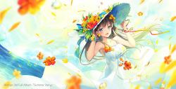 Rule 34 | 1girl, :d, album cover, bare shoulders, blue bow, blue eyes, blurry, blurry foreground, bow, breasts, brown hair, commentary request, cover, depth of field, dress, floating hair, flower, hand on headwear, hands up, hat, hat bow, hat flower, kagachi saku, long hair, looking at viewer, open mouth, original, red flower, ribbon, sleeveless, sleeveless dress, small breasts, smile, solo, striped, striped bow, sun hat, very long hair, white dress, white hat, white ribbon, yellow flower