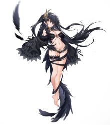 Rule 34 | 1girl, bare shoulders, barefoot, bikini, black bikini, black hair, black nails, breasts, cannian dada, character request, cleavage, closed mouth, detached sleeves, feather trim, full body, hair over one eye, highres, large breasts, long hair, long sleeves, looking at viewer, nail polish, navel, one side up, red: pride of eden, simple background, sleeves past fingers, sleeves past wrists, solo, swimsuit, thigh strap, toenail polish, toenails, very long hair, white background, wide sleeves, yellow eyes