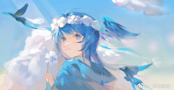 Rule 34 | 1girl, bird, bird wings, blue bird, blue capelet, blue eyes, blue hair, blue sky, capelet, chinese commentary, cloud, commentary request, day, feathered wings, final fantasy, final fantasy xiv, flower, flower wreath, from behind, hand up, head wings, head wreath, highres, holding, holding flower, looking afar, looking back, meteion, outdoors, portrait, short hair, sky, smile, solo, weibo logo, weibo watermark, white flower, wings, yincha