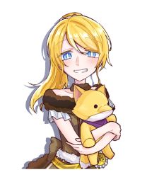 Rule 34 | 1girl, artist name, artist request, ayase eli, back bow, bare shoulders, blonde hair, blue eyes, blush, bow, breasts, brown bow, brown dress, brown skirt, collarbone, dress, female focus, frilled sleeves, frills, fur collar, fur trim, hair between eyes, hair ornament, hair scrunchie, half-closed eyes, high ponytail, highres, holding, holding stuffed animal, long hair, looking at viewer, love live!, love live! school idol festival, love live! school idol project, miniskirt, parted lips, plaid, plaid dress, plaid skirt, pleated, pleated dress, pleated skirt, ponytail, scrunchie, skirt, smile, solo, stuffed animal, stuffed fox, stuffed toy, teeth, white background, white scrunchie