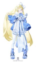 Rule 34 | 1girl, absurdres, apron, artist name, blonde hair, blue eyes, blue jacket, bow, closed mouth, dot nose, dotori (seulseul), earrings, frilled apron, frills, full body, hair bow, head tilt, highres, holding, holding own hair, jacket, jewelry, long hair, long sleeves, looking at viewer, original, pantyhose, puffy long sleeves, puffy sleeves, short eyebrows, simple background, sleeves past fingers, sleeves past wrists, solo, standing, straight-on, straight hair, tachi-e, twitter username, v-shaped eyebrows, very long hair, white apron, white background, white bow, white pantyhose
