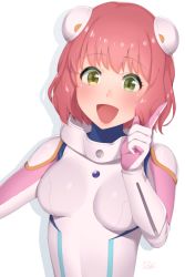Rule 34 | 1girl, animal hands, aries spring, bodysuit, breasts, bun cover, gloves, green eyes, heterochromia, highres, index finger raised, kanata no astra, looking at viewer, medium breasts, open mouth, paw gloves, pink hair, reverie soda, short hair, simple background, solo, upper body, white background, yellow eyes