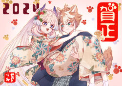 Rule 34 | 1boy, 1girl, 2024, alternate costume, animal ears, blue hair, blue kimono, blunt bangs, blush, brown hair, carrying, carrying person, colored tips, dog boy, dog ears, dog tail, floral print kimono, flower, genshin impact, gorou (genshin impact), green eyes, hair between eyes, hair flower, hair ornament, hakama, hand on another&#039;s shoulder, haori, highres, horns, japanese clothes, kimono, long hair, looking at another, multicolored hair, new year, nocknocktt, open mouth, paw print, paw print background, pink background, pink hair, ponytail, princess carry, purple eyes, purple horns, sangonomiya kokomi, short hair, smile, streaked hair, tail, translation request, very long hair, white hair, white kimono, yukata