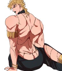 Rule 34 | 1boy, anklet, armlet, ass, back, black lips, black nails, blonde hair, bracelet, closed mouth, dio brando, earrings, highres, jewelry, jojo no kimyou na bouken, lips, lipstick, long hair, looking at viewer, looking back, makeup, male focus, muscular, muscular male, shenshan laolin, simple background, sitting, solo, stardust crusaders, white background, yellow eyes