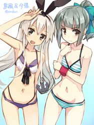 Rule 34 | 10s, 2girls, :d, amagai tarou, anchor hair ornament, arm up, armpits, artist name, bikini, blonde hair, bow, brown eyes, gradient background, grey hair, hair bow, hair ornament, hair ribbon, hairband, hand on own chest, kantai collection, long hair, looking at viewer, multiple girls, navel, open mouth, ponytail, ribbon, shimakaze (kancolle), sidelocks, simple background, sketch, smile, striped bikini, striped clothes, swimsuit, wristband, yuubari (kancolle)