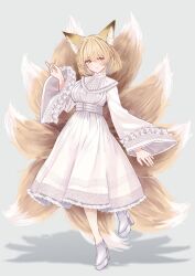 Rule 34 | 1girl, animal ears, blonde hair, blush, boots, closed mouth, dress, fox ears, fox tail, full body, grey background, high heel boots, high heels, highres, long sleeves, multiple tails, sarasadou dan, short hair, simple background, smile, solo, tail, touhou, white dress, white footwear, wide sleeves, yakumo ran, yellow eyes