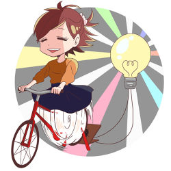 Rule 34 | 1girl, bicycle, commentary, higuchi (trigger), light bulb, smile, solo, trigger (company)