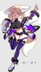 Rule 34 | 1girl, animal ears, arm up, black shorts, blonde hair, breasts, cleavage, fang, fox ears, fox girl, fox tail, full body, grey background, hand up, highres, jacket, large breasts, looking at viewer, mamuru, medium hair, micro shorts, midriff, navel, off-shoulder jacket, off shoulder, open clothes, open jacket, open mouth, original, purple thighhighs, red eyes, shorts, skin fang, standing, standing on one leg, tail, thighhighs, underboob, white footwear, white jacket, yawning