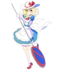 Rule 34 | 1girl, apron, back bow, blonde hair, blue dress, blush, bow, dress, elbow gloves, frilled apron, frilled dress, frills, full body, gloves, hat, highres, holding, holding sign, kana anaberal, leg up, no parking sign, red bow, red footwear, road sign, sea scorpion (umisasori), short hair, sign, socks, sun hat, touhou, touhou (pc-98), white bow, white gloves, white hat, white socks, yellow eyes