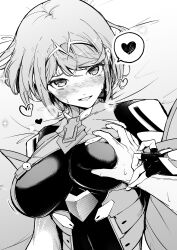 Rule 34 | 1boy, 1girl, :d, absurdres, bare shoulders, black gloves, breasts, circlet, core crystal (xenoblade), fingerless gloves, gloves, grabbing, grabbing another&#039;s breast, greyscale, heart, highres, impossible clothes, large breasts, looking at viewer, lying, monochrome, on back, open mouth, pyra (xenoblade), smile, spoken heart, swept bangs, xenoblade chronicles (series), xenoblade chronicles 2, yatai (ya2taic)