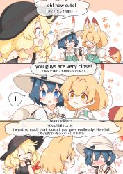 Rule 34 | !, 3girls, :3, ?, ^ ^, alternate costume, animal ears, backpack, bag, bare shoulders, black gloves, black hair, blonde hair, blue eyes, blush, calenda (kemono friends), closed eyes, collared shirt, comic, commentary request, english text, engrish text, fingerless gloves, gloves, hair tie, hard-translated, hat, helmet, highres, holding hands, interlocked fingers, kaban (kemono friends), kemono friends, kemono friends 3, life neko72, long hair, looking at viewer, multiple girls, nose blush, open mouth, partially translated, partially unbuttoned, pith helmet, ranguage, serval (kemono friends), serval tail, shirt, short hair, short sleeves, sleeveless, sun hat, tail, tank top, third-party edit, translation request, uniform, yellow eyes