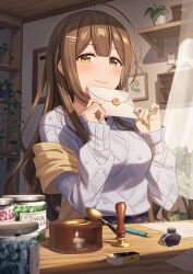 Rule 34 | 1girl, absurdres, ahoge, blush, breasts, brown eyes, brown hair, closed mouth, desk, hair ornament, hairclip, highres, holding, holding letter, idolmaster, idolmaster shiny colors, indoors, kurageso, kuwayama chiyuki, letter, long hair, long sleeves, medium breasts, sitting, smile, solo, sweater, white sweater, x hair ornament