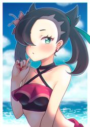 Rule 34 | 1girl, asymmetrical bangs, bad id, bad pixiv id, bikini, black hair, breasts, creatures (company), earrings, game freak, green eyes, green ribbon, hair ornament, hair over one eye, hair ribbon, hairclip, hand up, highres, hiva+, jewelry, looking at viewer, marnie (pokemon), marnie (summer 2021) (pokemon), medium hair, nail polish, nintendo, ocean, official alternate costume, pink nails, pokemon, pokemon masters ex, ribbon, shadow, small breasts, solo, sunlight, swimsuit, twintails, two side up, upper body, water