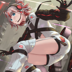 Rule 34 | 1girl, absurdres, black gloves, black sleeves, blue eyes, character request, floating hair, from below, garter straps, gloves, headphones, headset, highres, jacket, microphone, open mouth, red hair, short hair, short shorts, shorts, silver hair, solo, thighhighs, two side up, umirororo, white jacket, white shorts, white thighhighs
