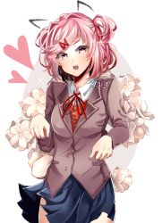 Rule 34 | 1girl, animal ears, artist name, blue skirt, cat ears, commentary, doki doki literature club, drawn ears, english commentary, fang, flower, flower request, hair ribbon, hazu t, heart, looking at viewer, natsuki (doki doki literature club), open mouth, pink eyes, pink hair, red ribbon, ribbon, school uniform, short hair, skirt, solo, two side up