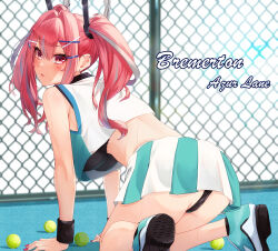 Rule 34 | 1girl, absurdres, all fours, ass, azur lane, ball, bare shoulders, black bra, black panties, black wristband, blurry, blurry background, blush, bra, breasts, bremerton (azur lane), bremerton (scorching-hot training) (azur lane), chain-link fence, character name, commentary, copyright name, crop top, crop top overhang, ear piercing, earrings, fence, fingernails, green footwear, green shirt, grey hair, hair between eyes, hair intakes, hair ornament, hairclip, highres, huge breasts, jewelry, kento (kentdrawing), long hair, looking at viewer, looking back, multicolored hair, nail polish, nose, official alternate costume, open mouth, panties, piercing, pink nails, red eyes, red hair, shirt, shoe soles, shoes, sneakers, solo, sportswear, streaked hair, stud earrings, sweat, tennis, tennis ball, tennis uniform, thighs, twintails, two-tone hair, two-tone shirt, two-tone skirt, underwear, white shirt, wristband, x hair ornament